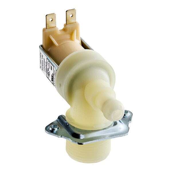 A close-up of a Manitowoc Ice water inlet valve with a white plastic cover.