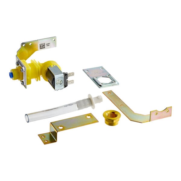 A yellow and silver metal Manitowoc Ice water valve kit with a metal plate and a metal pipe.