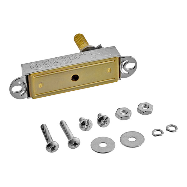 A close-up of a Hobart thermostat with screws and nuts.