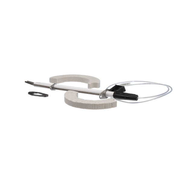A white and black ignition electrode for a Rational combi oven with a metal bar.