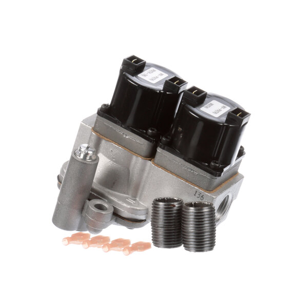 A close-up of a black and silver Middleby Marshall gas solenoid valve with nuts.