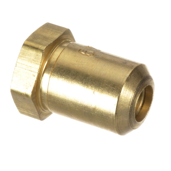 A close-up of a brass threaded nut.