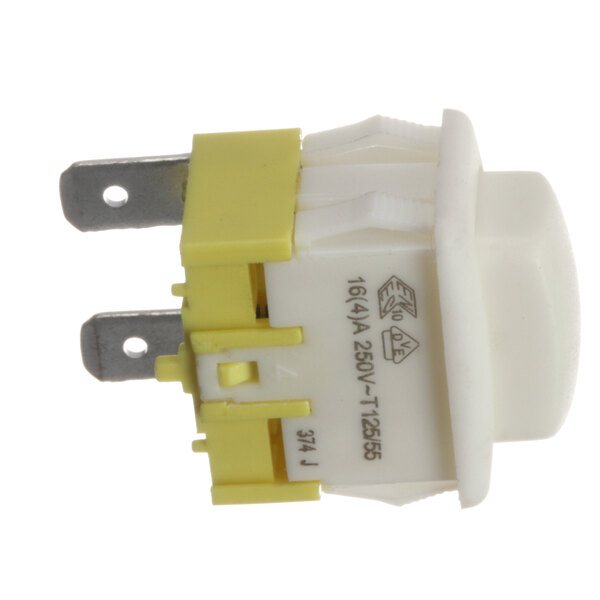 A close-up of a white and yellow Speed Queen push switch.