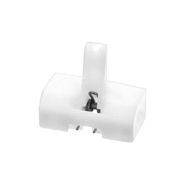 A white plastic assembly door catch with a hook on the end.