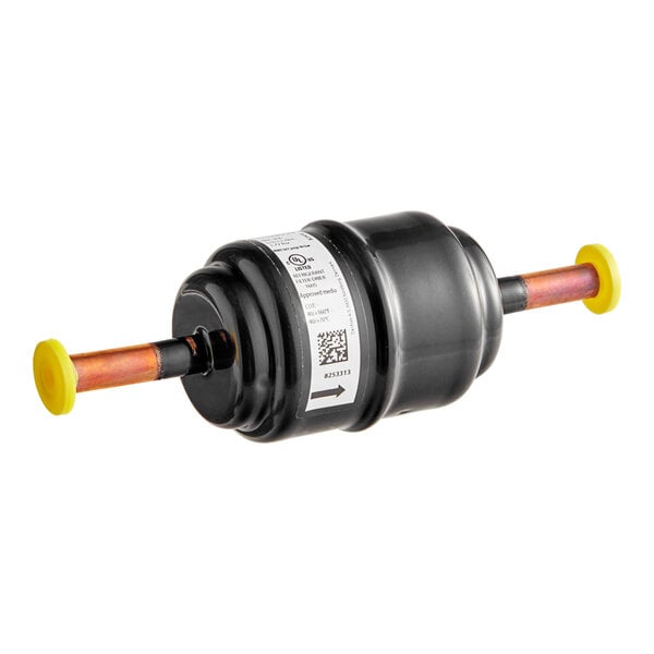 A black plastic air filter with two yellow rubber plugs.