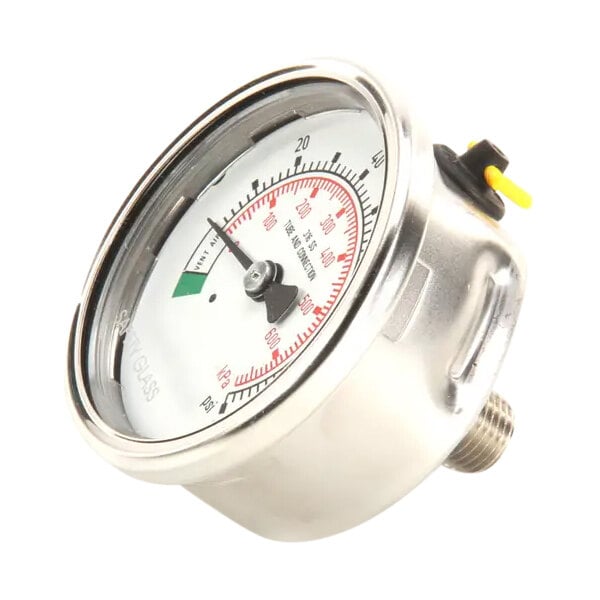 A round metal pressure gauge with a threaded connector and a dial displaying pressure measurements.