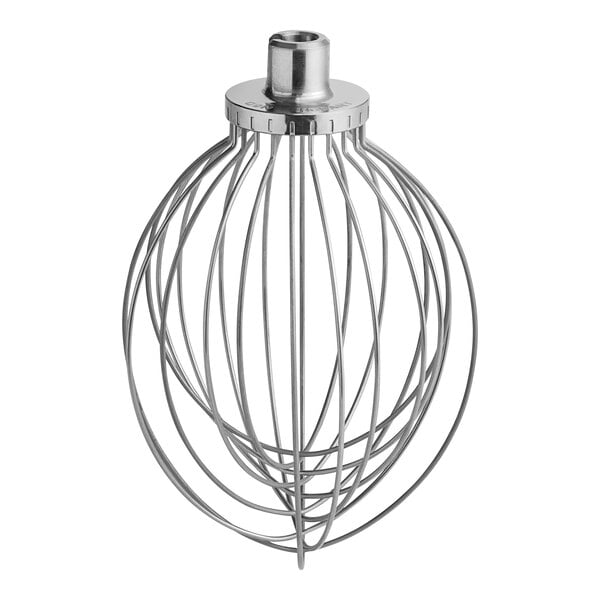 A close-up of a metal wire whisk with a handle.