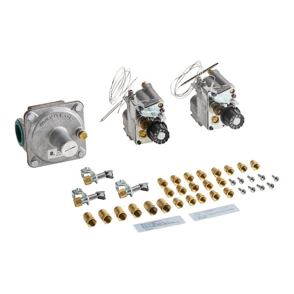 A group of small metal objects with wires and screws including a hose and three gas valves.