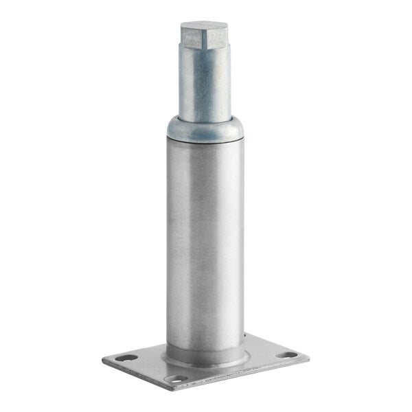 A metal cylindrical leg with an adjustable height mechanism and a square mounting plate at the base, featuring four screw holes for attachment.