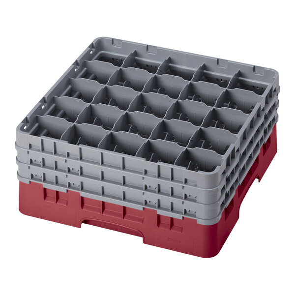 A red Cambro plastic rack with 25 compartments and 3 gray extenders.