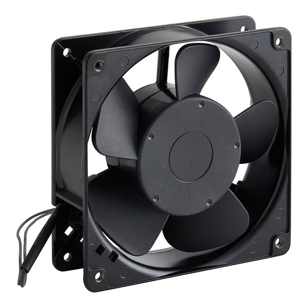 A black Hoshizaki fan with wires and a black circle.