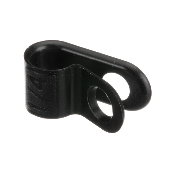 A close-up of a black True Refrigeration cable clamp with holes.