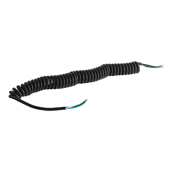 A black coiled electrical cable with white and blue wires.