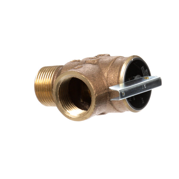 A brass Cleveland ball valve with a black handle on a white background.