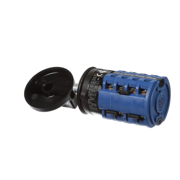 A close-up of a blue and black Robot Coupe drum switch with a black handle.