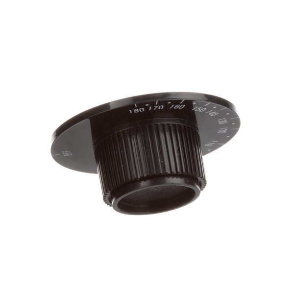 A black plastic BevLes thermostat knob with white text.