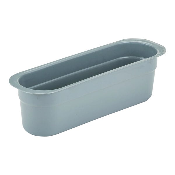 A rectangular grey Cambro container with a lid holding two rectangular cutlery boxes.