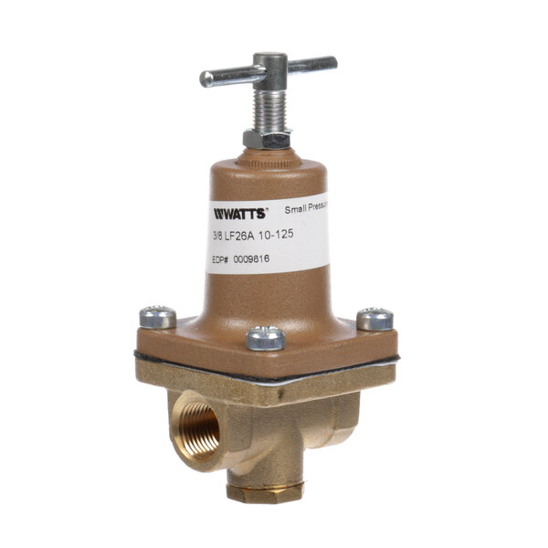 A brown metal valve with a white label.