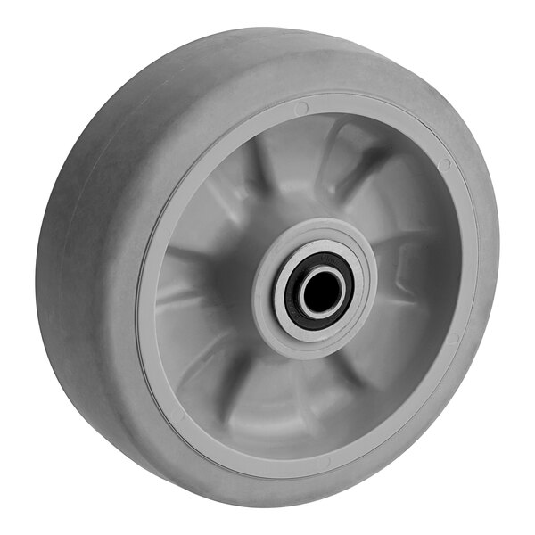 A gray wheel with a rubber rim and round center.