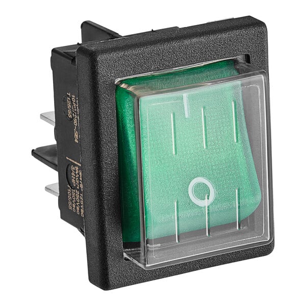 A black electrical switch with a green on/off rocker.