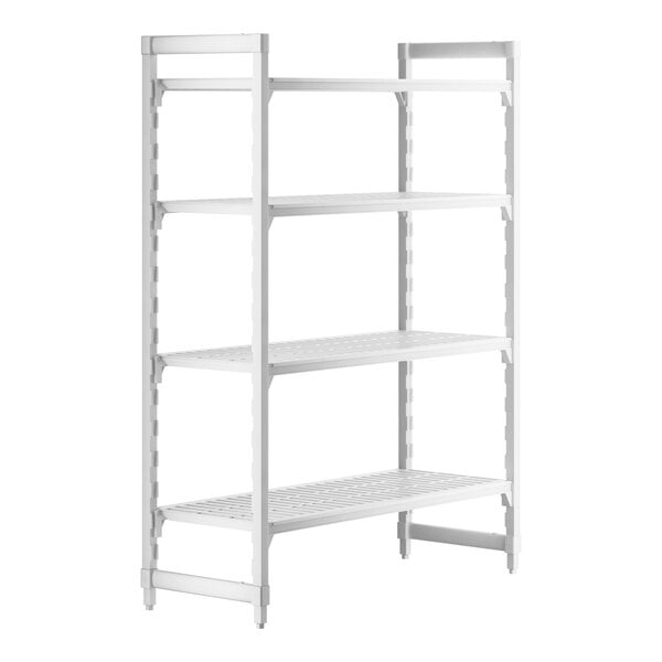 A white Cambro Camshelving® Premium shelving unit with 4 shelves.