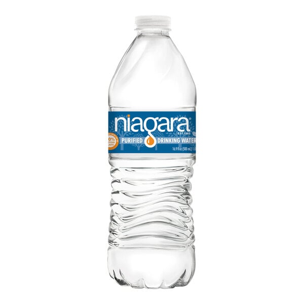 A close up of a 16.9 fl. oz. Purified Bottled Water with a label.