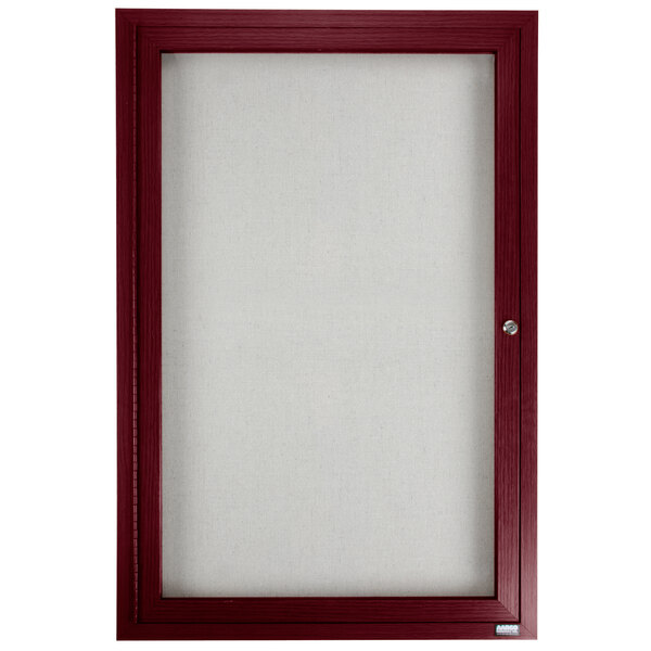 A red framed glass door with a maroon enclosed cherry finish.