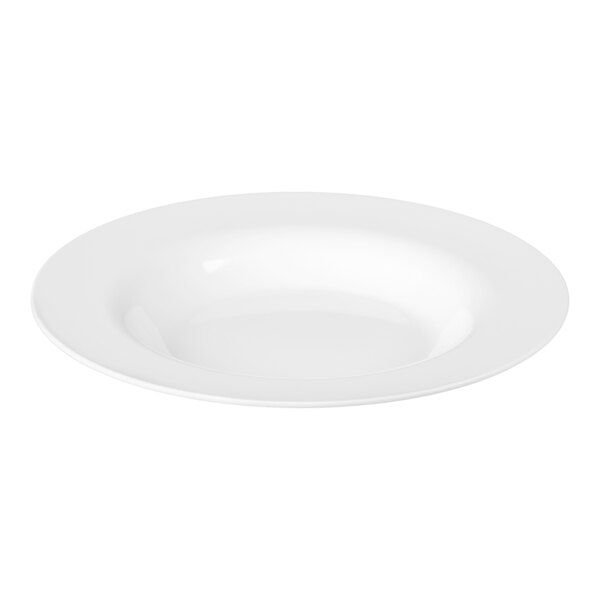 A white melamine chef salad or pasta bowl with a wide rim.