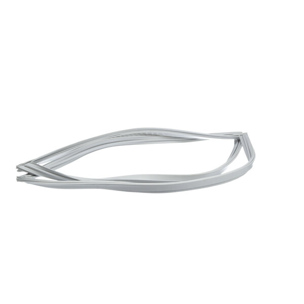 A white plastic cable with a curved edge and a silver connector used to seal a refrigerator door.