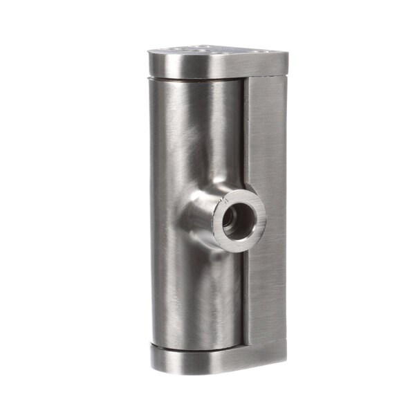 A stainless steel Cleveland door hinge with a hole.