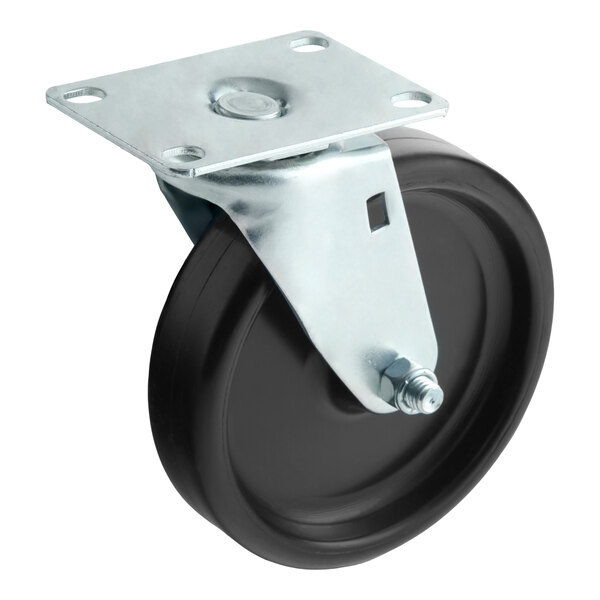 A single black caster wheel with a metal mounting plate and bracket, shown without a brake.