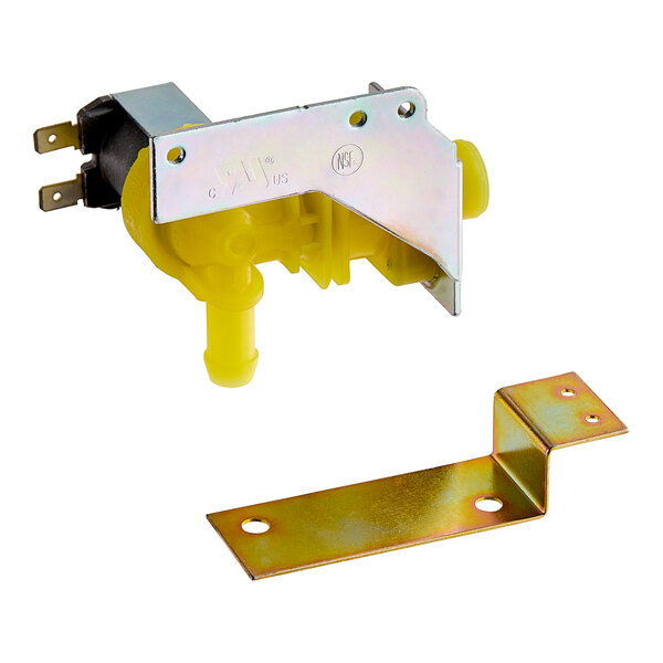 A yellow and silver Manitowoc Ice water valve with a metal clip.