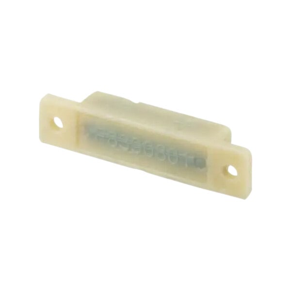 A white plastic Alliance Laundry magnetic position housing with two holes.