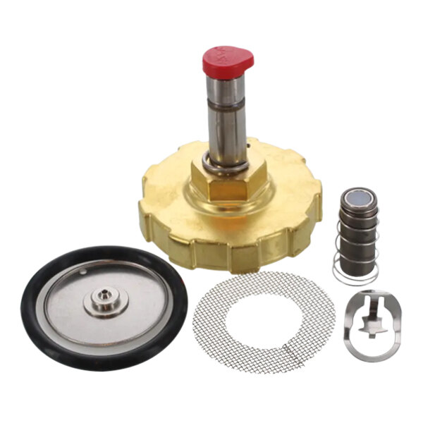 An Alliance Laundry brass valve rebuild kit with metal and gold parts and a red cap.