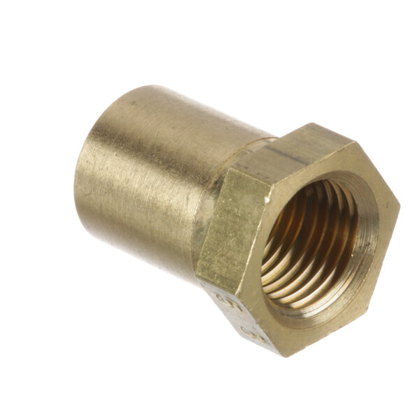 A close-up of a brass nut with a hole in it.