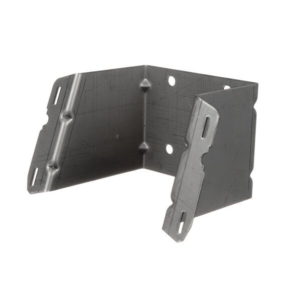 A pair of black metal brackets with holes.