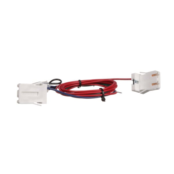 A white wire harness with red and blue connectors.