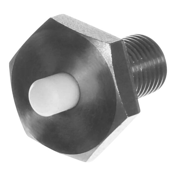 A black threaded bolt with a white knob.