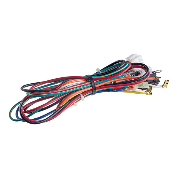 A close-up of the Manitowoc Ice 000007179 Control Box wire harness with multiple colorful wires.