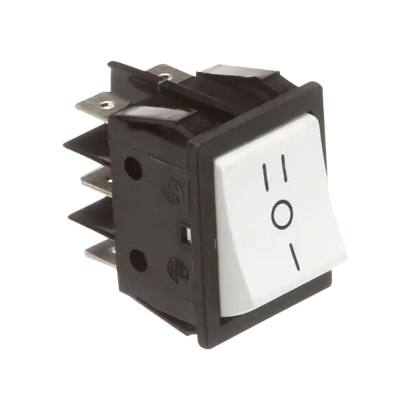 A black and white Grindmaster-Cecilware switch with a white button.