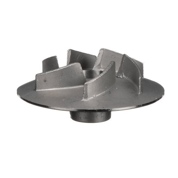 A grey metal Champion impeller with a hole in the center.