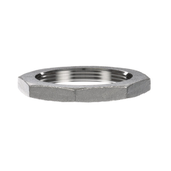 A close-up of a circular stainless steel Champion lock washer with a hex nut in the center.