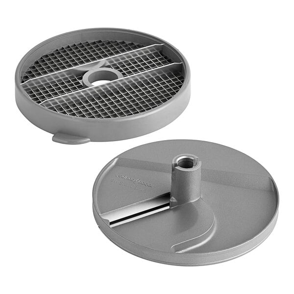 A grey circular Robot Coupe dicing disc with a hole.