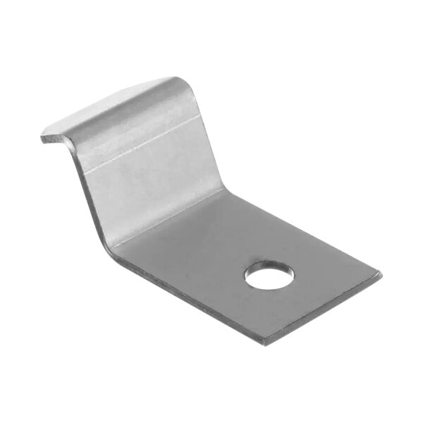 A stainless steel bracket with a hole in the middle.