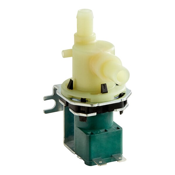 A close-up of a white plastic Hoshizaki water valve with a yellow cap.