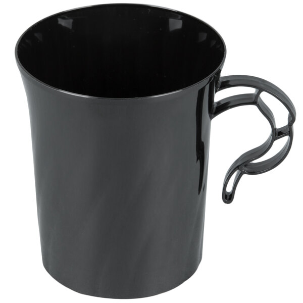 A black plastic coffee cup with a handle.