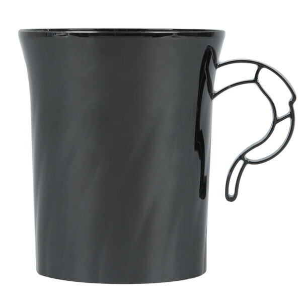 A black WNA Comet disposable plastic coffee cup with a handle.