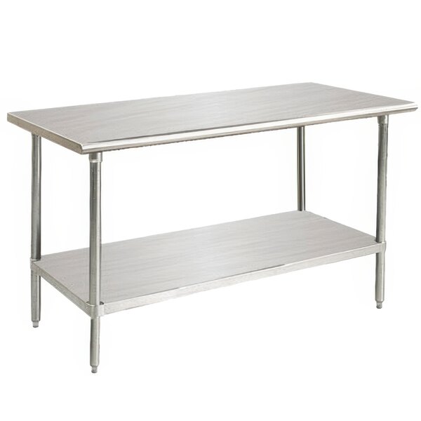 An Advance Tabco stainless steel work table with undershelf.