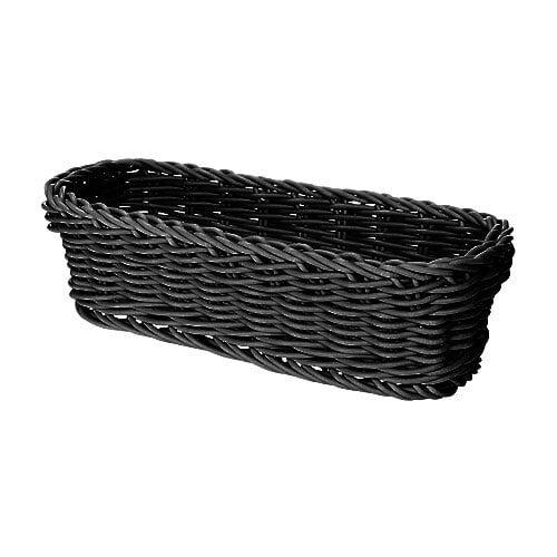 A black rectangular plastic basket with handles.