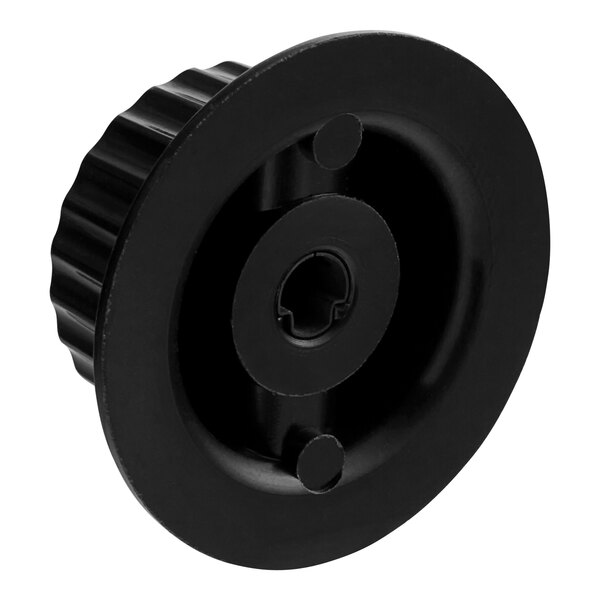 A black plastic knob with a hole in it.
